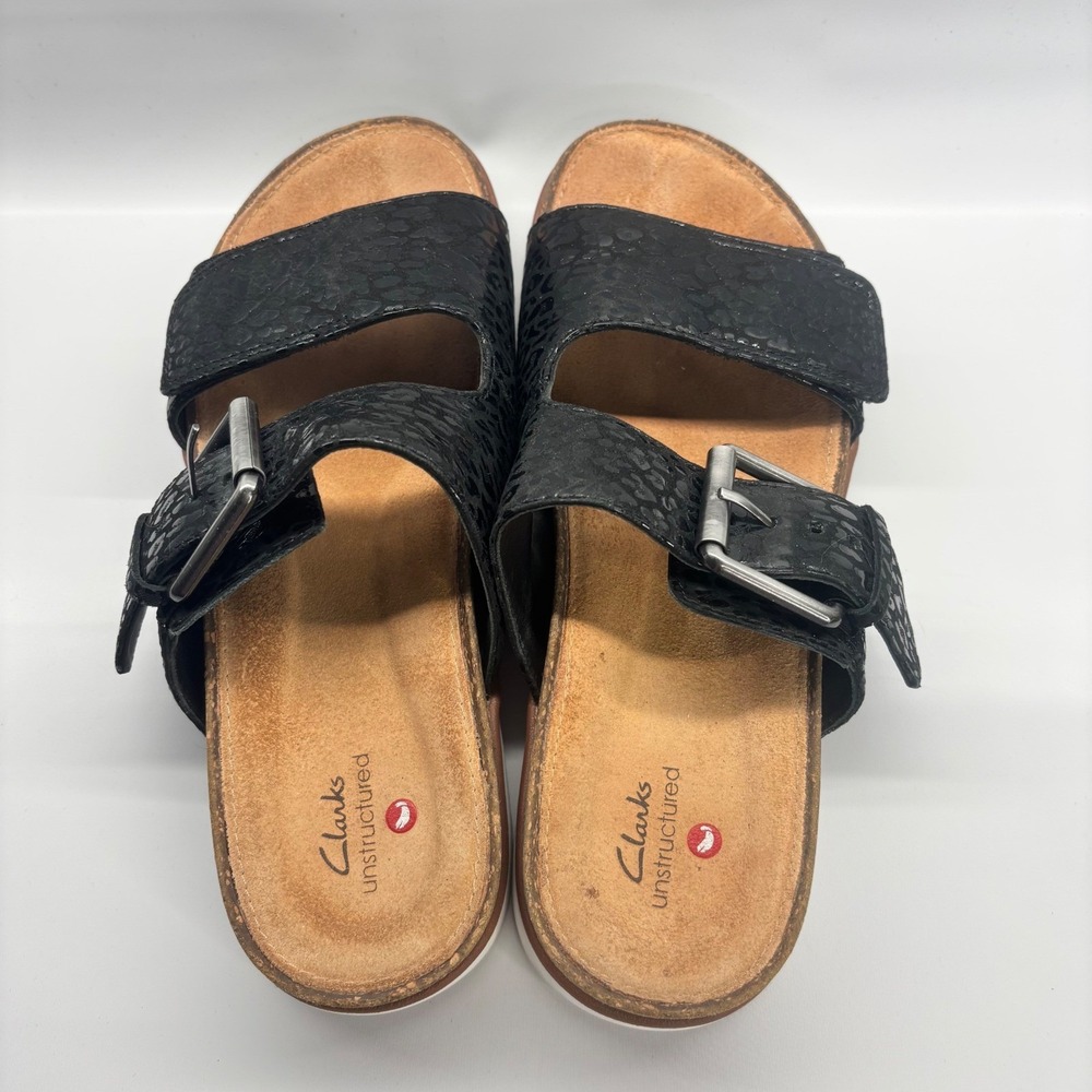 Clarks Elayne Ease Strap Sandals Women 8 Black Leopard Print Unstructured Slide - Picture 5 of 10
